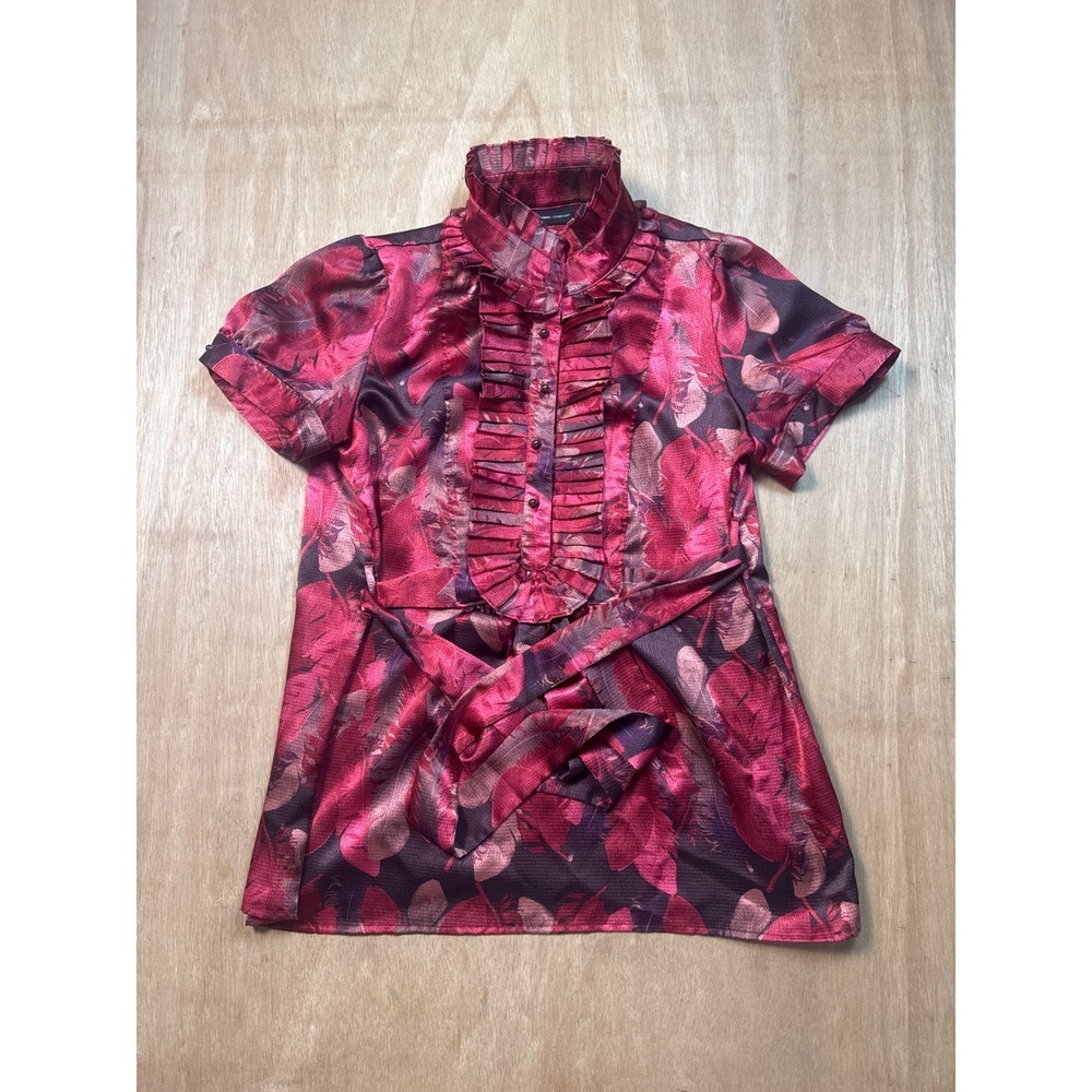 New York and Company Pink Feather Print Ruffle Collar Satin Blouse Womens Medium